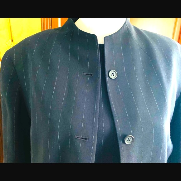 Anne Klein 2 piece suit navy blue & thin white striped wool long dress & jacket - Picture 6 of 16